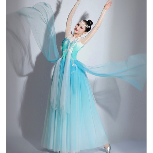 Women turquoise gradient Chinese folk dance dress flamenco paso double spanish bull dance swing skirts stage performance opening dance costumes for female